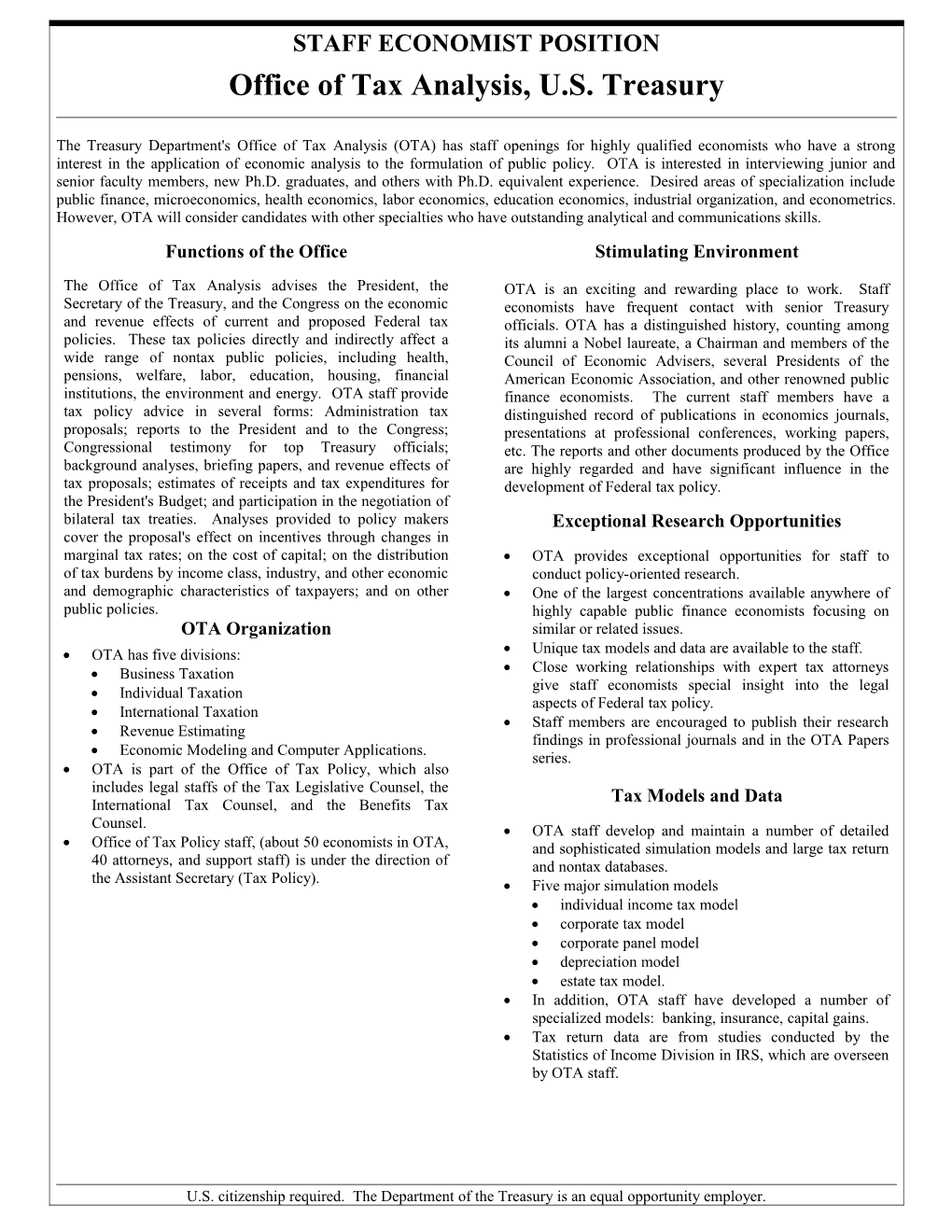 Staff Economist Position