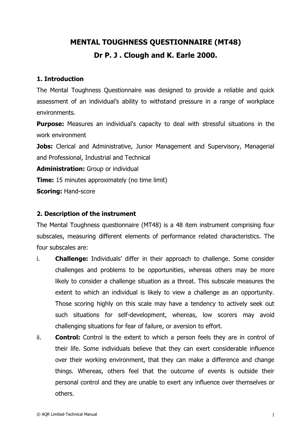 Mental Toughness Questionnaire (Mt48)