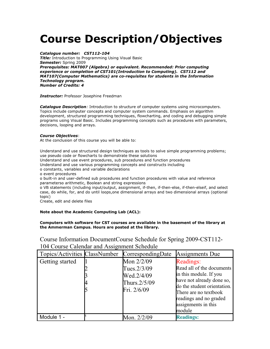 Course Description/Objectives