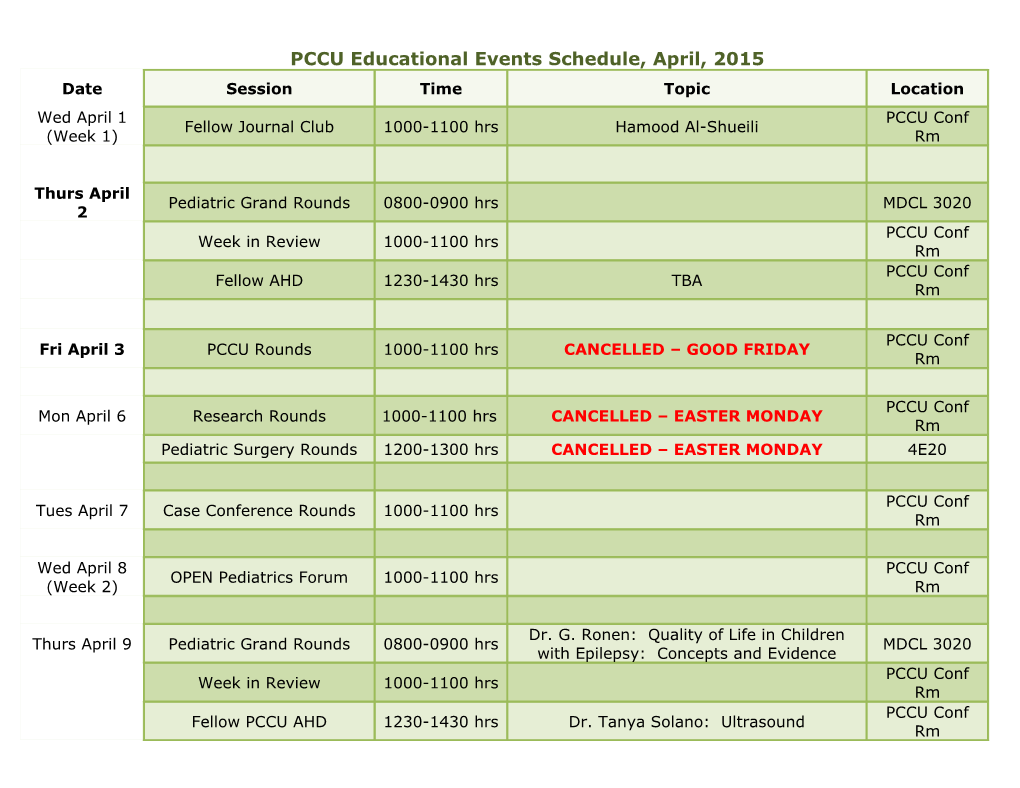 PCCU Educational Events Schedule, April, 2015