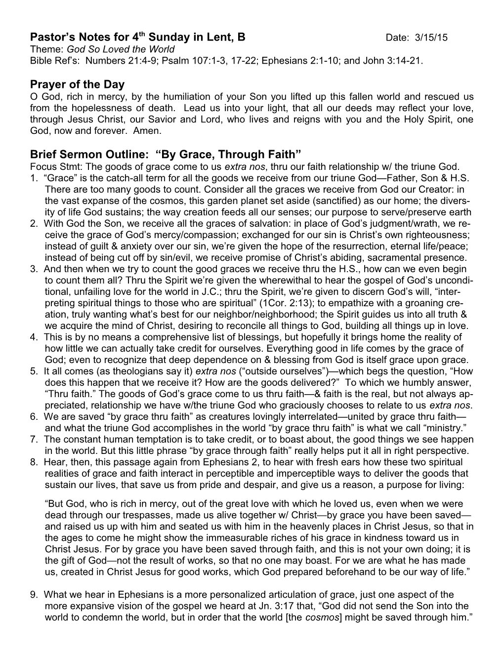 Pastor S Notes for 4Th Sunday in Lent, B Date: 3/15/15
