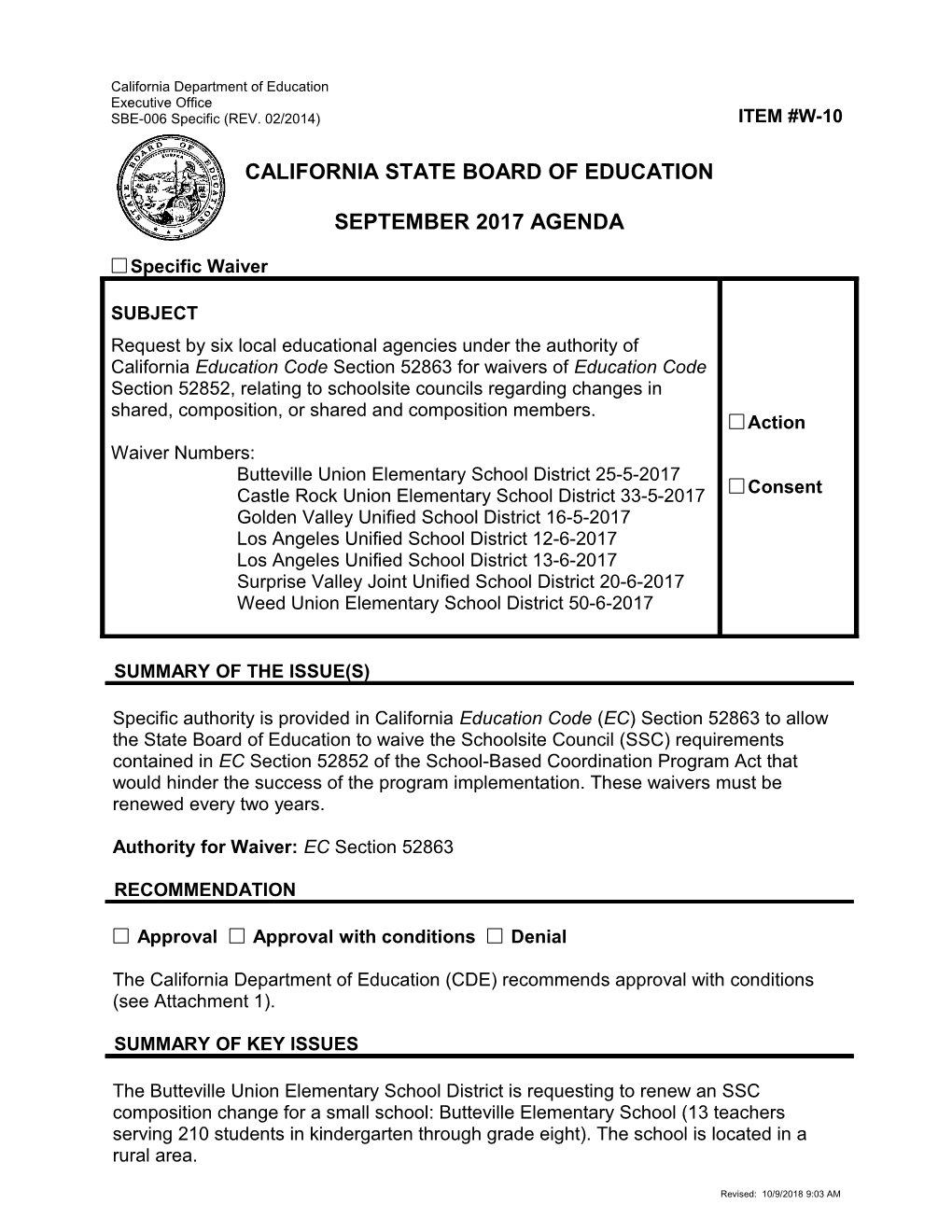 September 2017 Waiver Item W-10 - Meeting Agendas (CA State Board of Education)