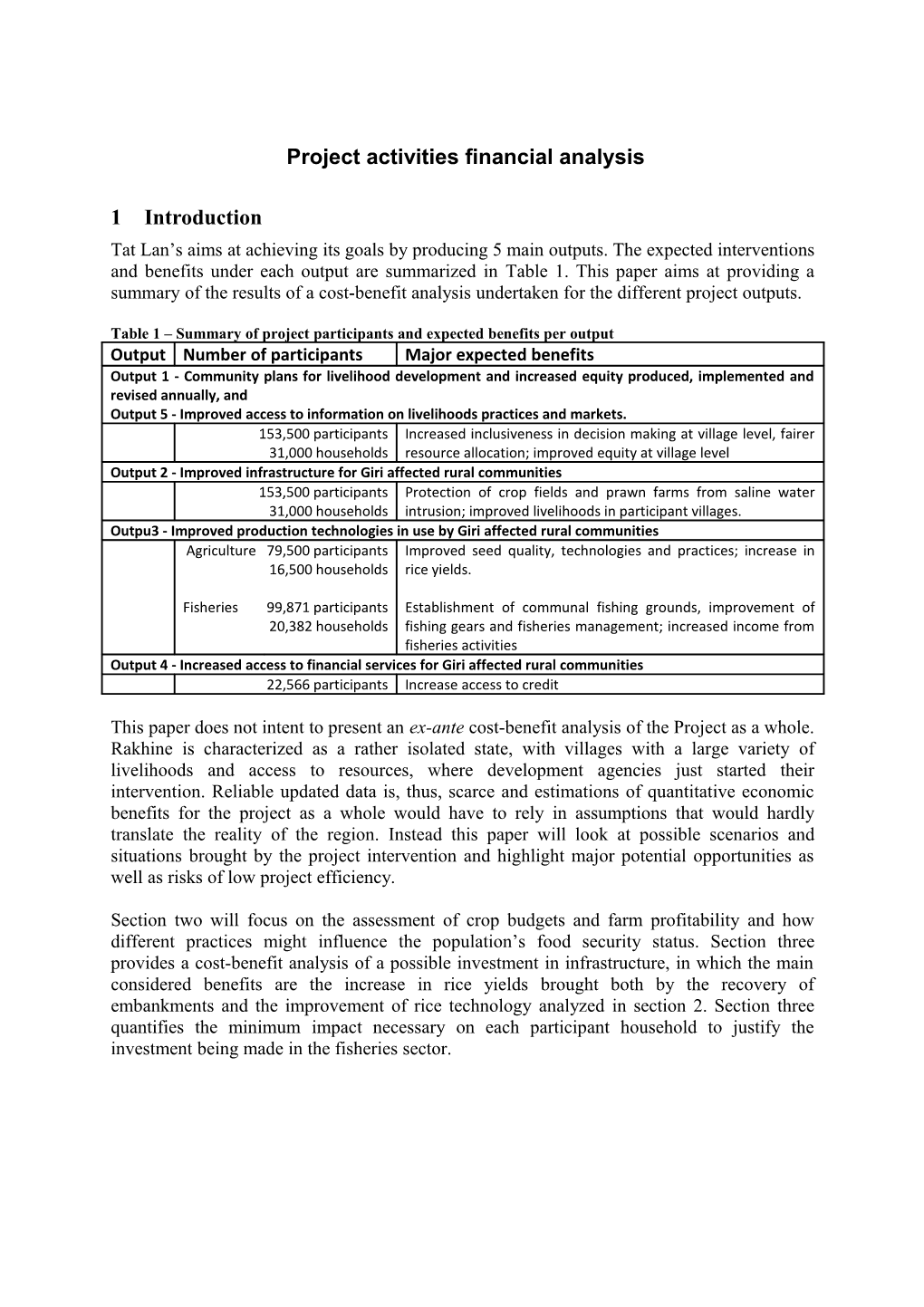 Project Activities Financial Analysis