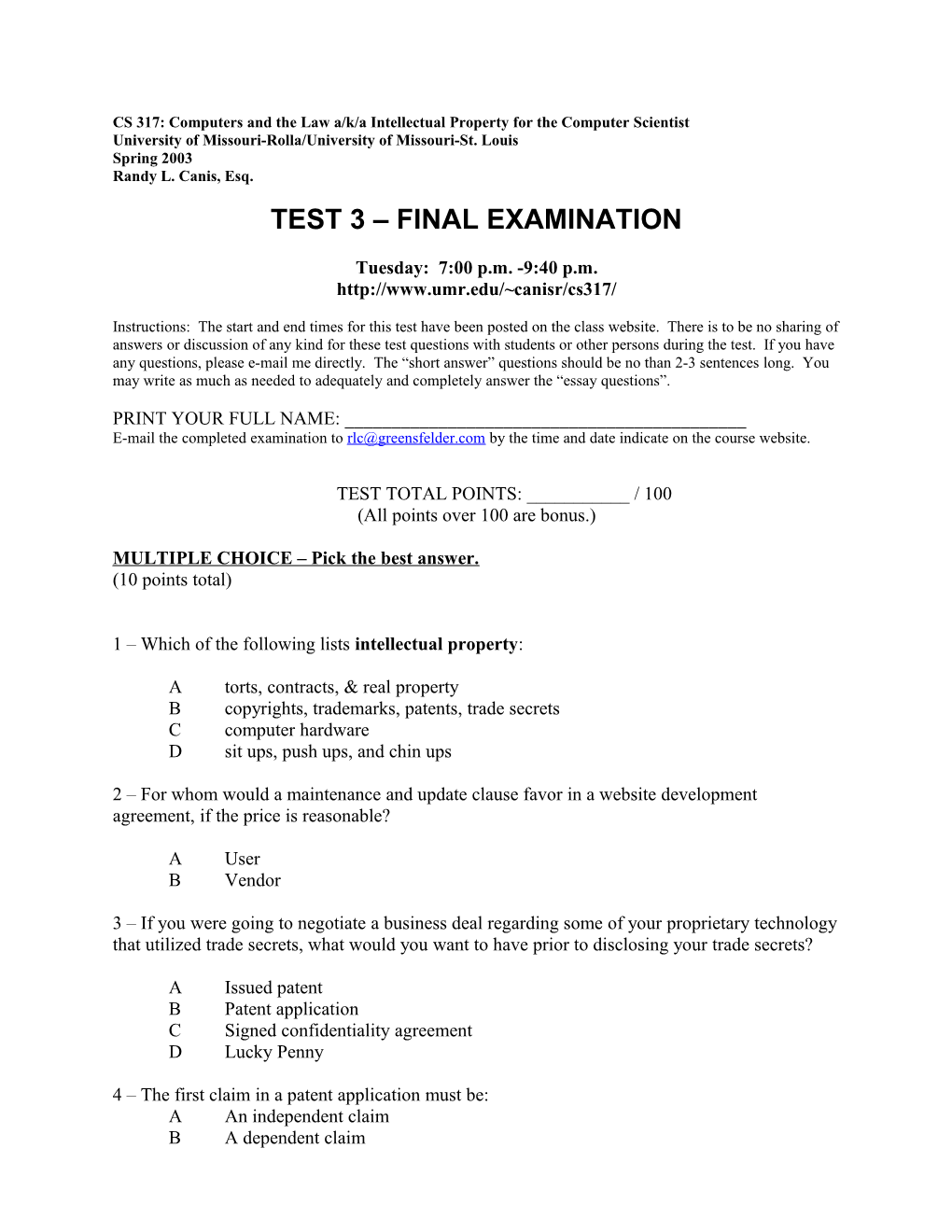 CS 317: Intellectual Property for the Computer Scientist