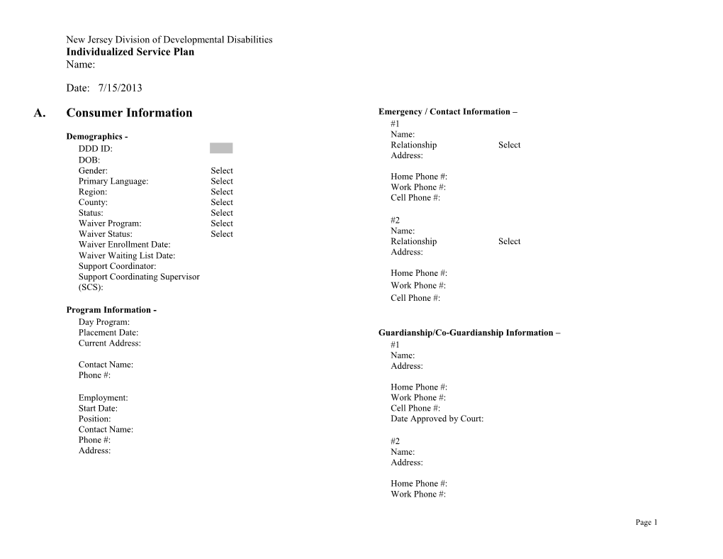 New Jersey Division of Developmental Disabilities Individualized Service Plan