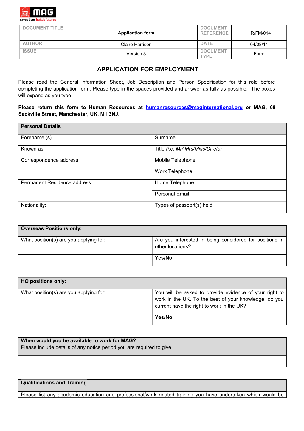 Please Return This Form to Human Resources at Or MAG, 68 Sackville Street, Manchester