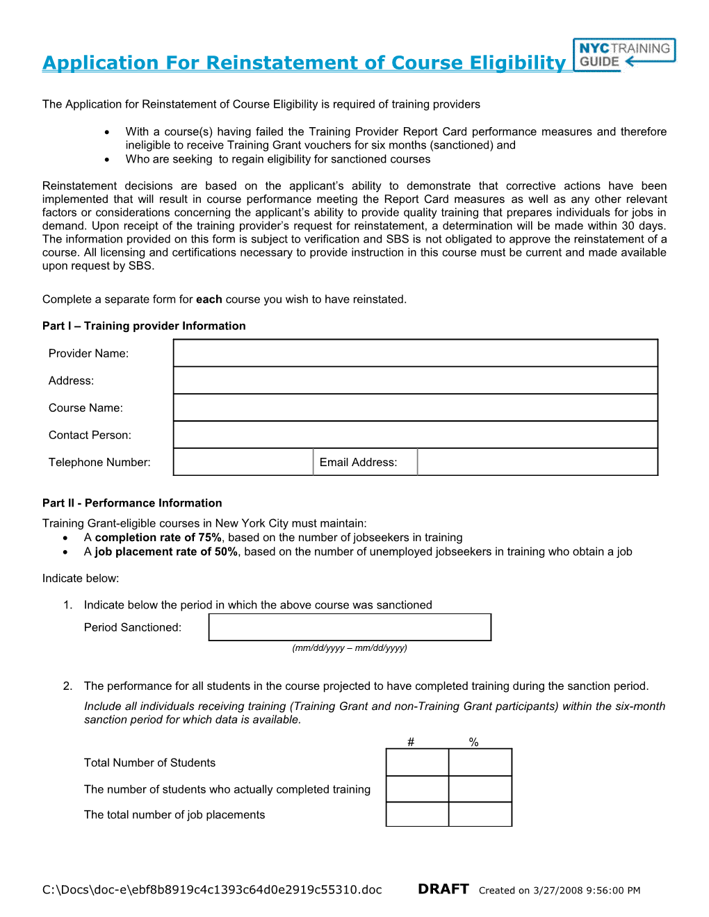 This Form Shall Be Used by Those Training Providers Currently Ineligible to Receive Individual