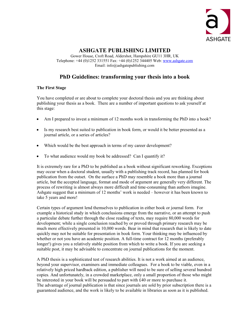 Phd Guidelines: Transforming a Thesis Into a Publishable Form