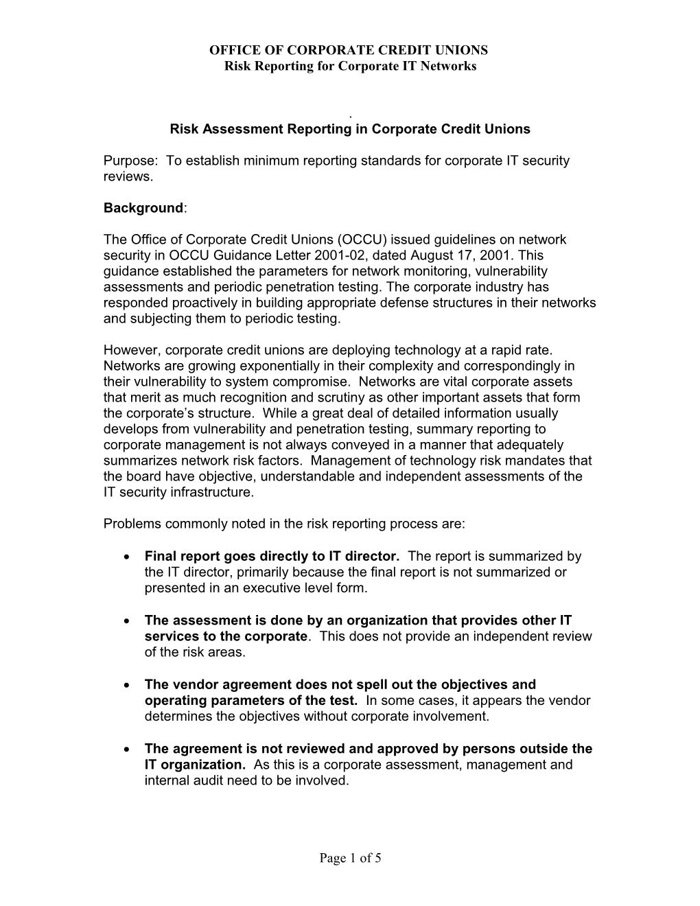 Risk Assessment Reporting in Corporate Credit Unions