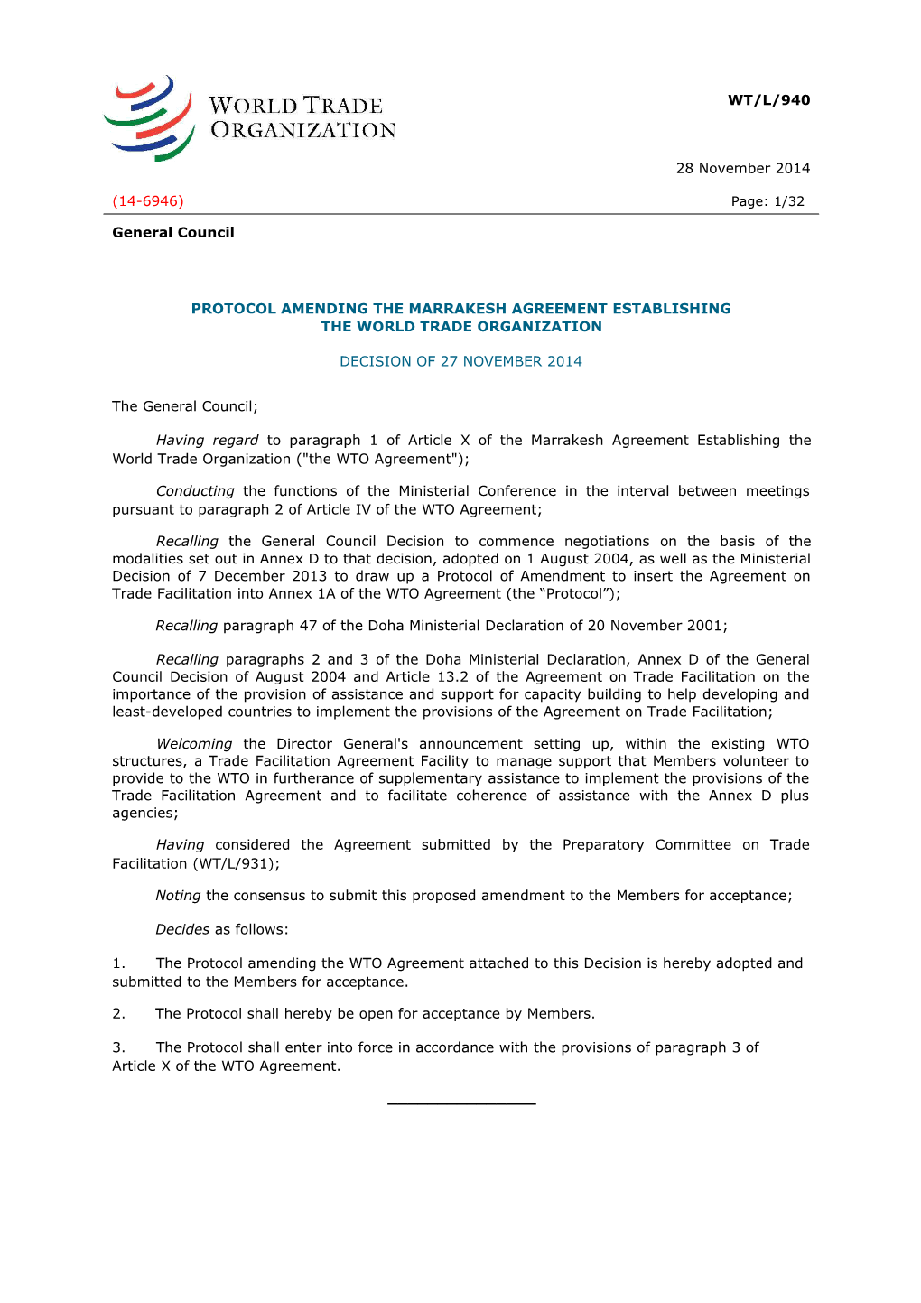 Protocol Amending the Marrakesh Agreement Establishing
