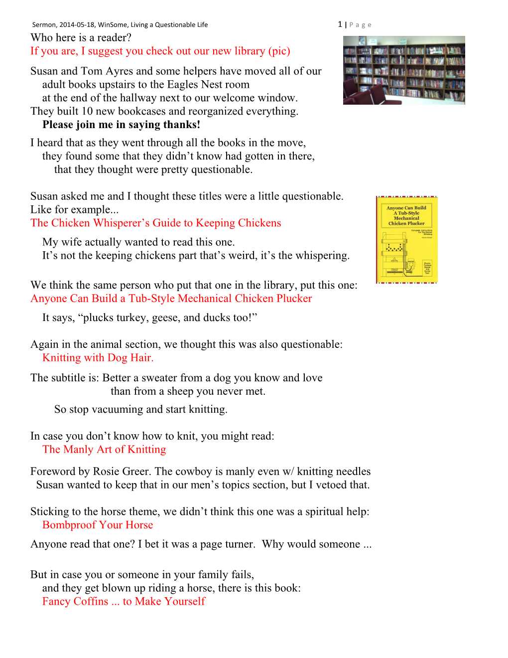 Sermon, 2014-05-18, Winsome, Living a Questionable Life 1 Page