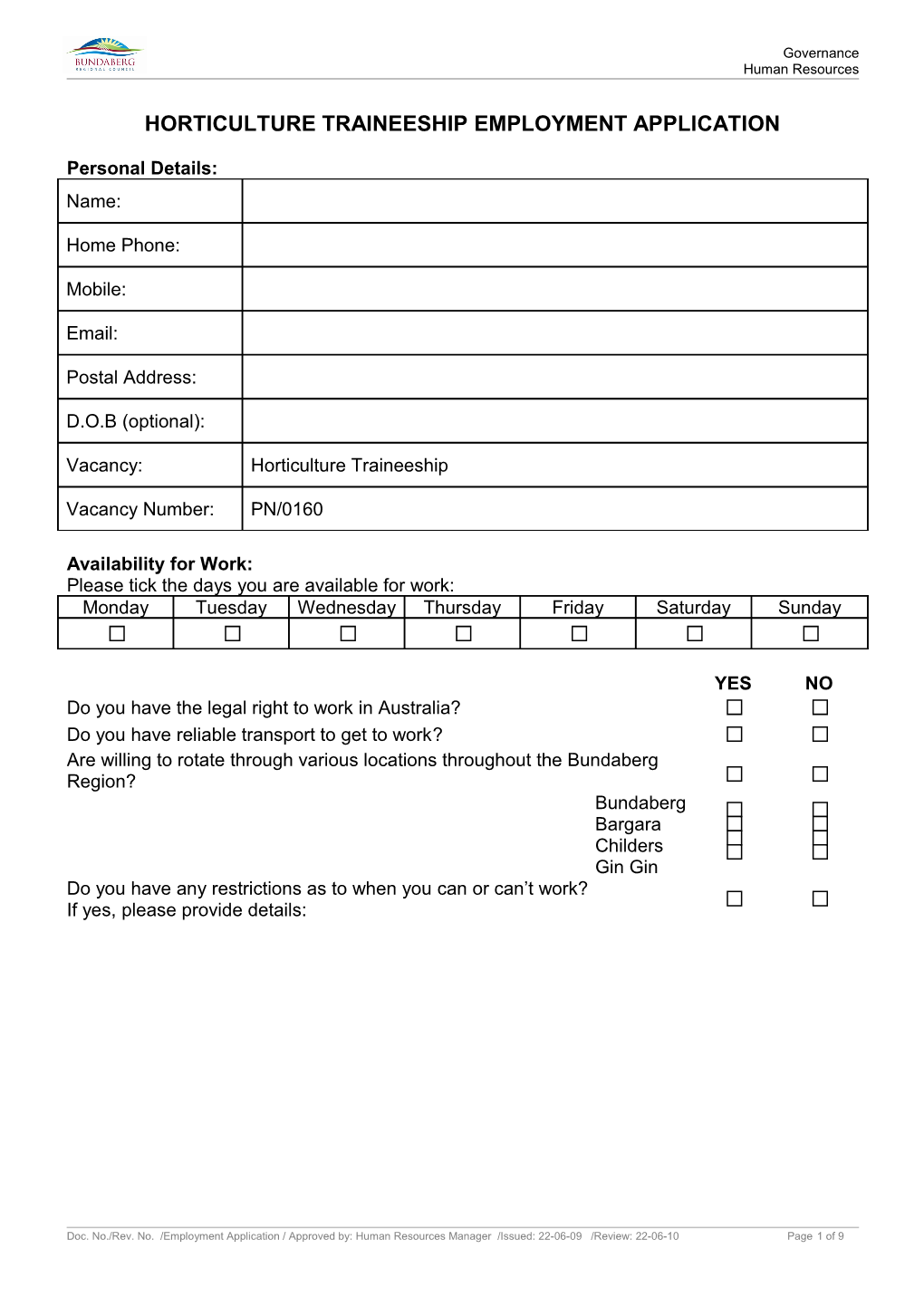 Horticulture Traineeship Employment Application