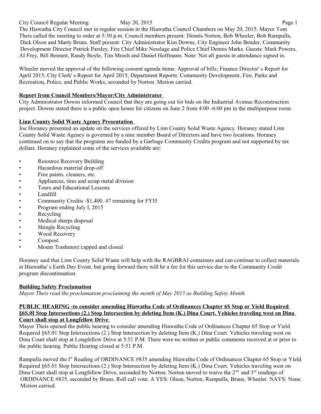 City Council Regular Meeting May 20, 2015 Page 1