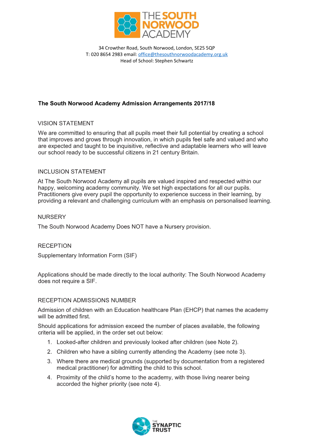South Norwood Primary Academy - Admission Policy 2017 - 2018