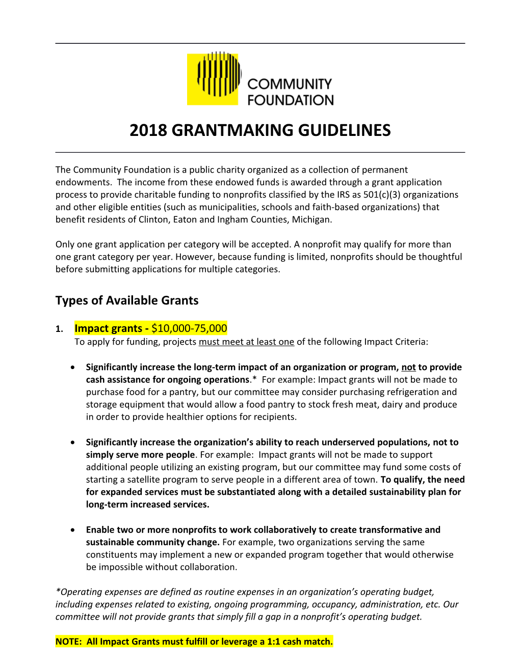 2018 Grantmaking Guidelines
