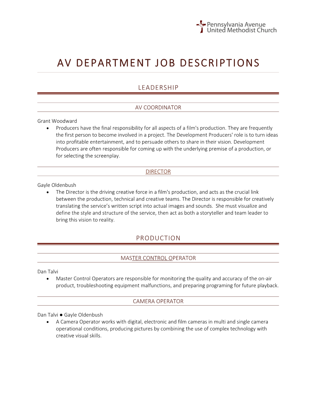 AV Department Job Descriptions