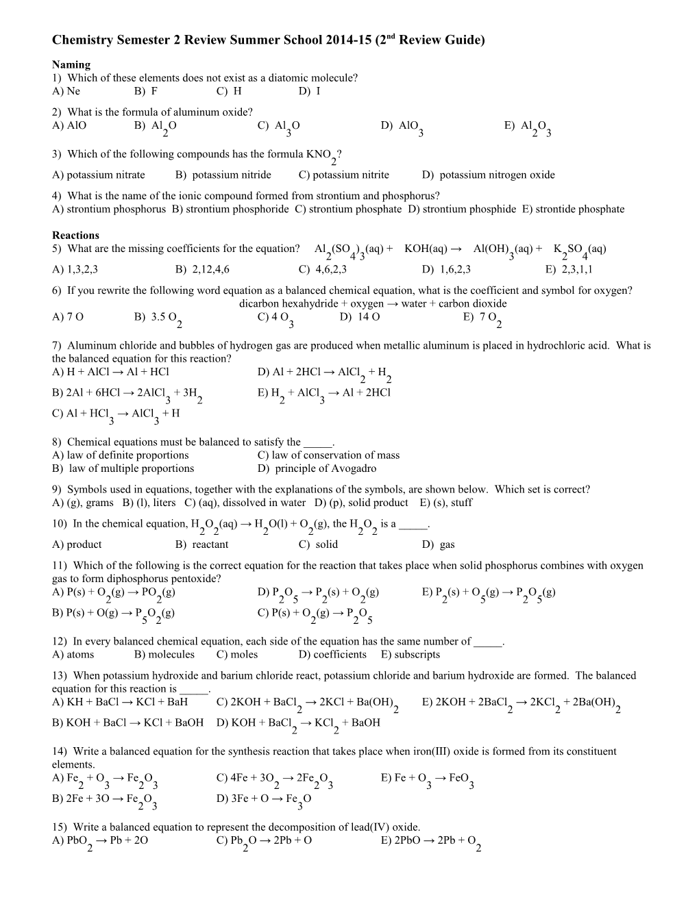 Chemistry Semester 2 Reviewsummer School 2014-15 (2Nd Review Guide)