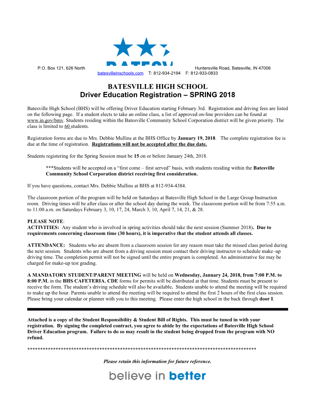 Driver Education Registration SPRING 2018