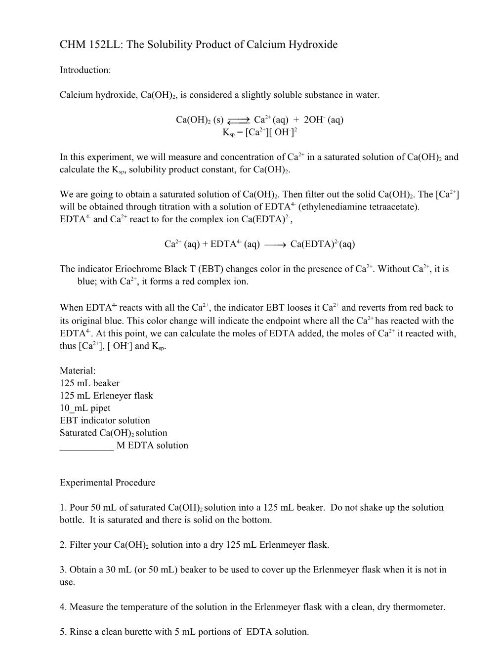 CHM 152LL: the Solubility Product of Calcium Hydroxide