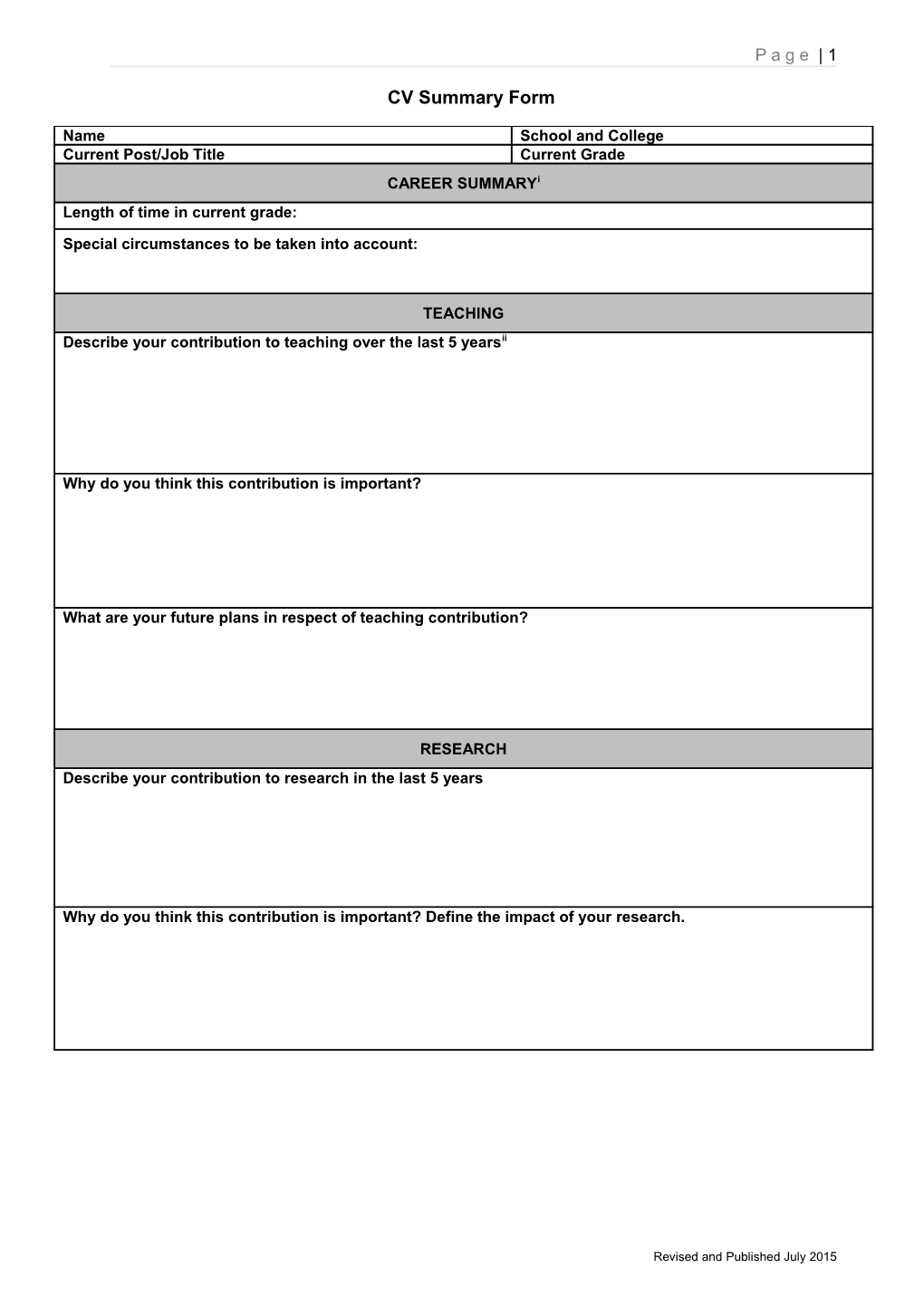 CV Summary Form
