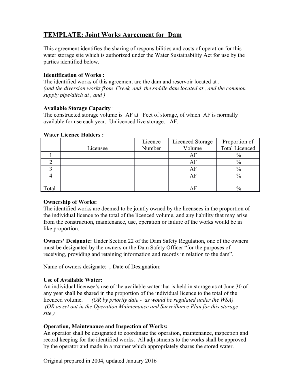 Water Storage Site Joint Use Agreement