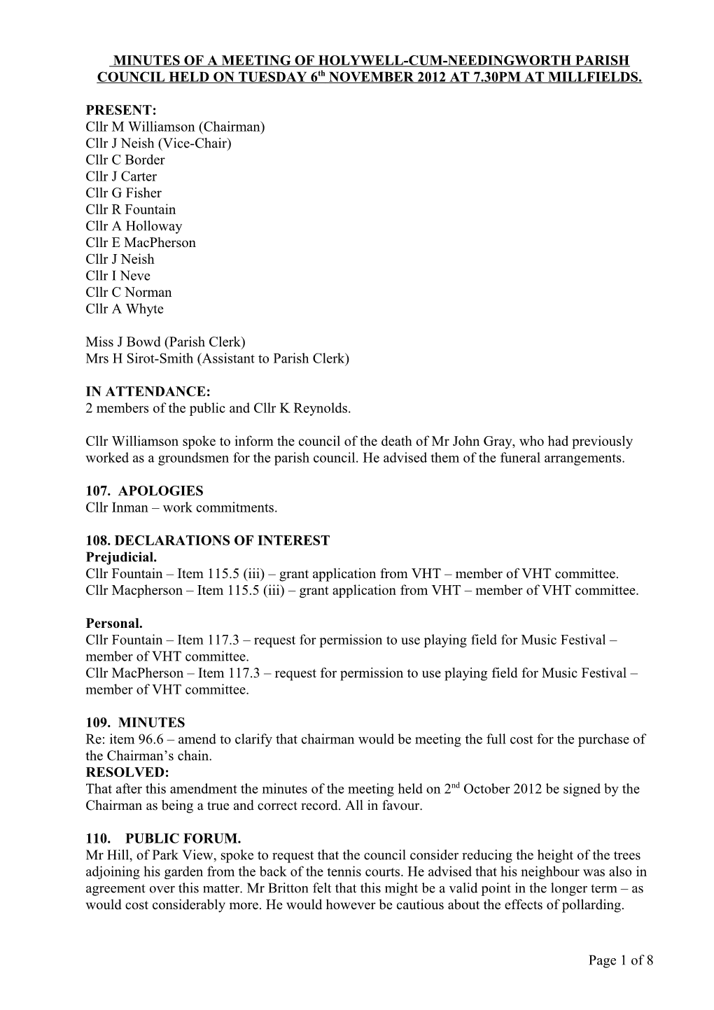 MINUTES of a MEETING of HOLYWELL-CUM-NEEDINGWORTH PARISH COUNCIL HELD on TUESDAY 6Th