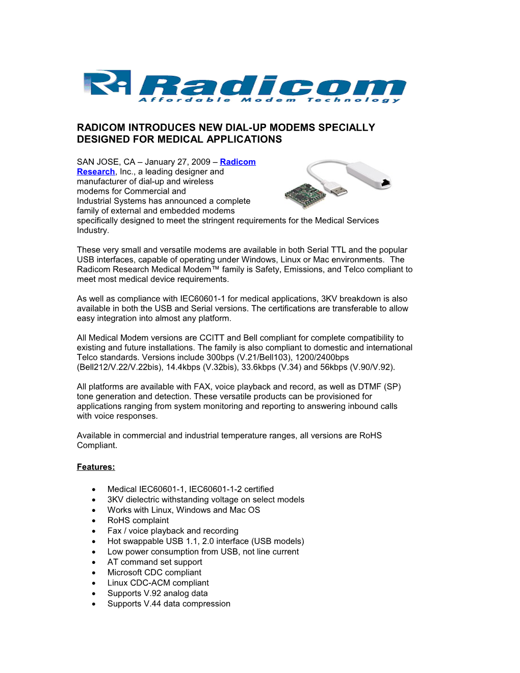 Radicom Introduces New Dial-Up Modems Specially Designed for Medical Applications