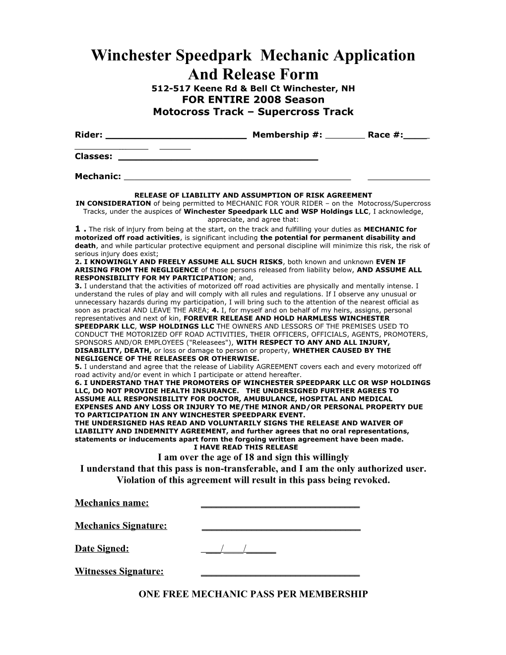 Winchester Speedpark Mechanic Release Form