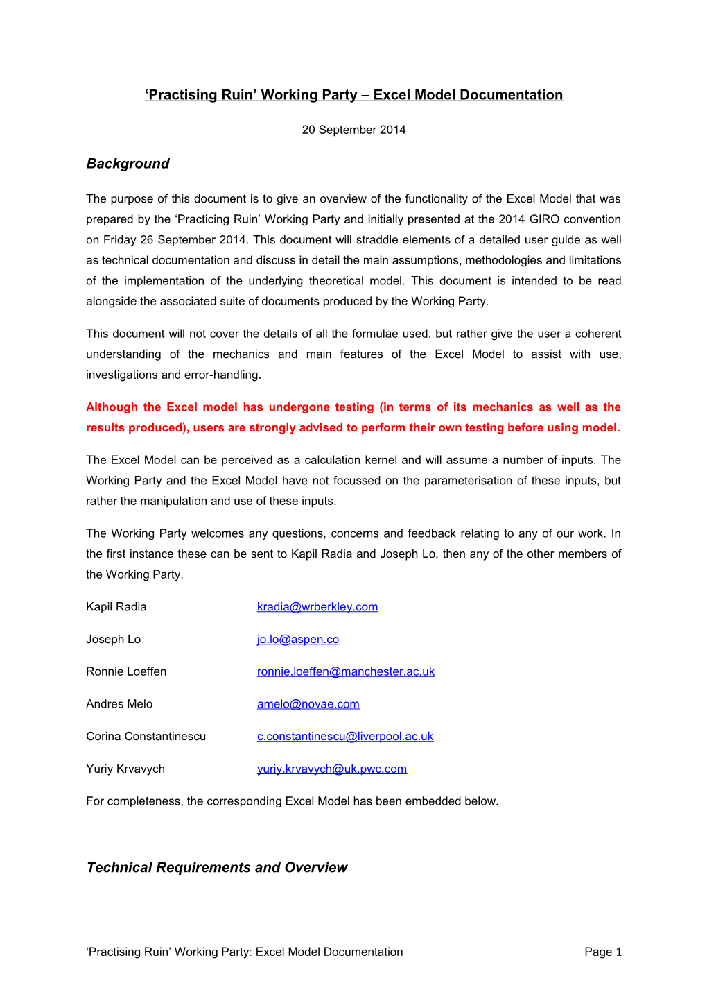 Practising Ruin Working Party Excel Model Documentation