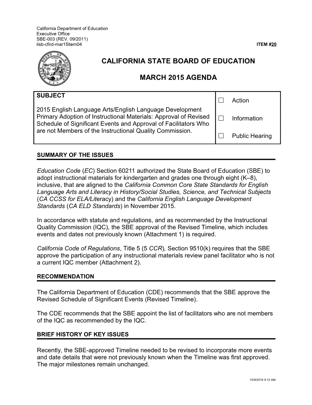 March 2015 Agenda Item 20 - Meeting Agendas (CA State Board of Education)