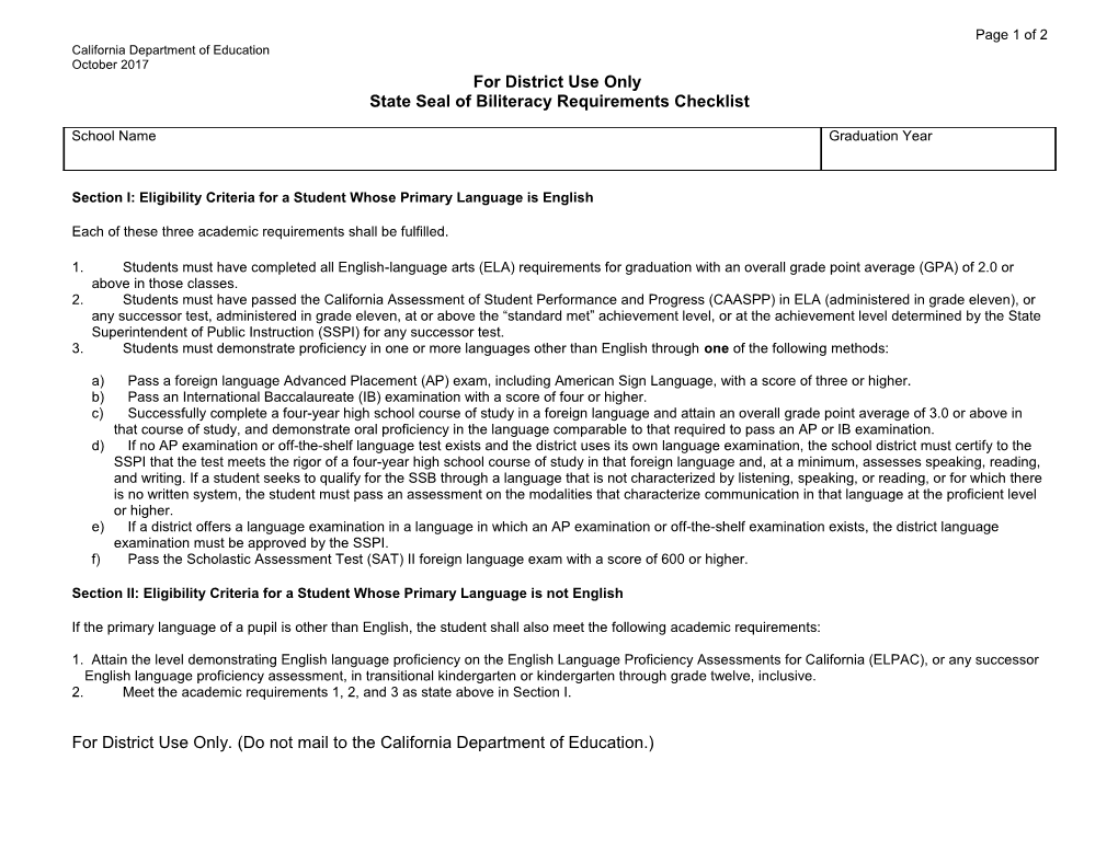 Seal of Biliteracy Requirements Checklist - English Learners (CA Dept of Education)