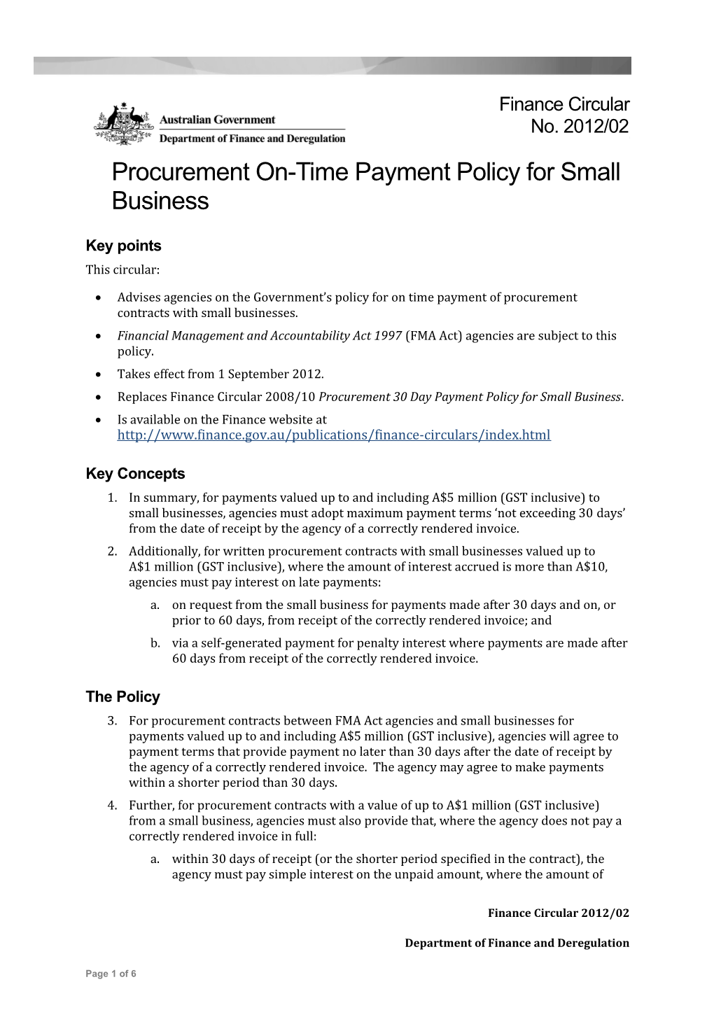 Finance Circular No. 2012/02 - Procurement On-Time Payment Policy for Small Business