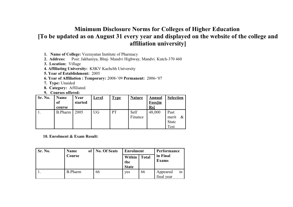 Minimum Disclosure Norms for Colleges of Higher Education