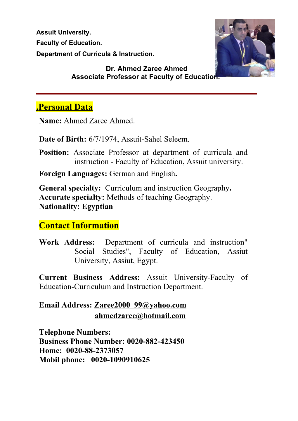 Dr. Ahmed Zaree Ahmed. CV