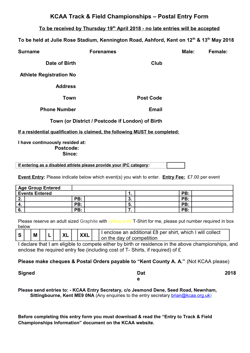 KCAA Track & Field Championships Postal Entry Form