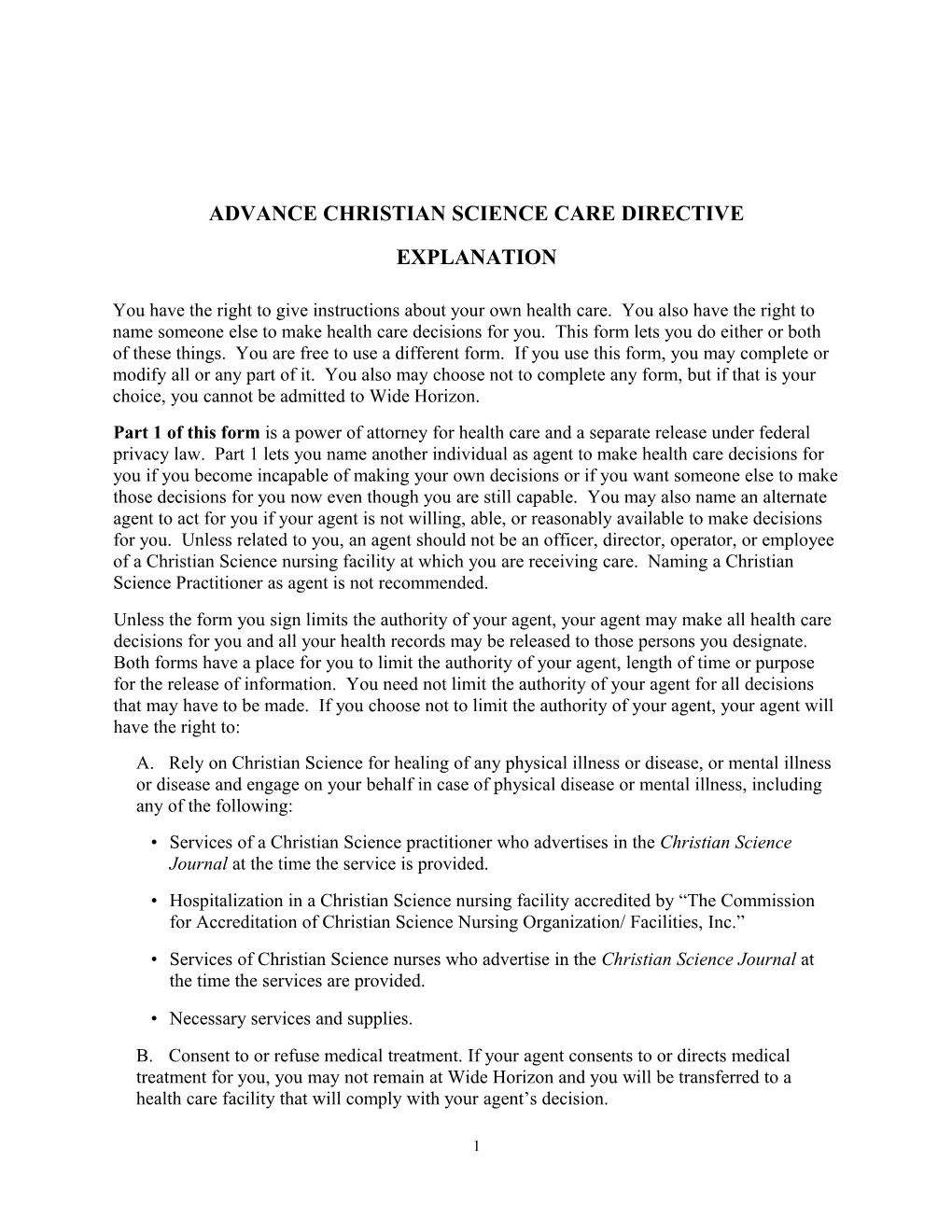 Advance Christian Science Care Directive