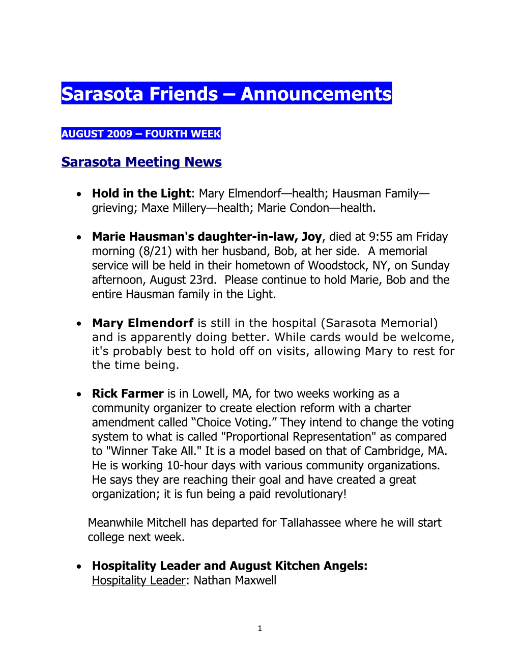 Sarasota Friends Announcements