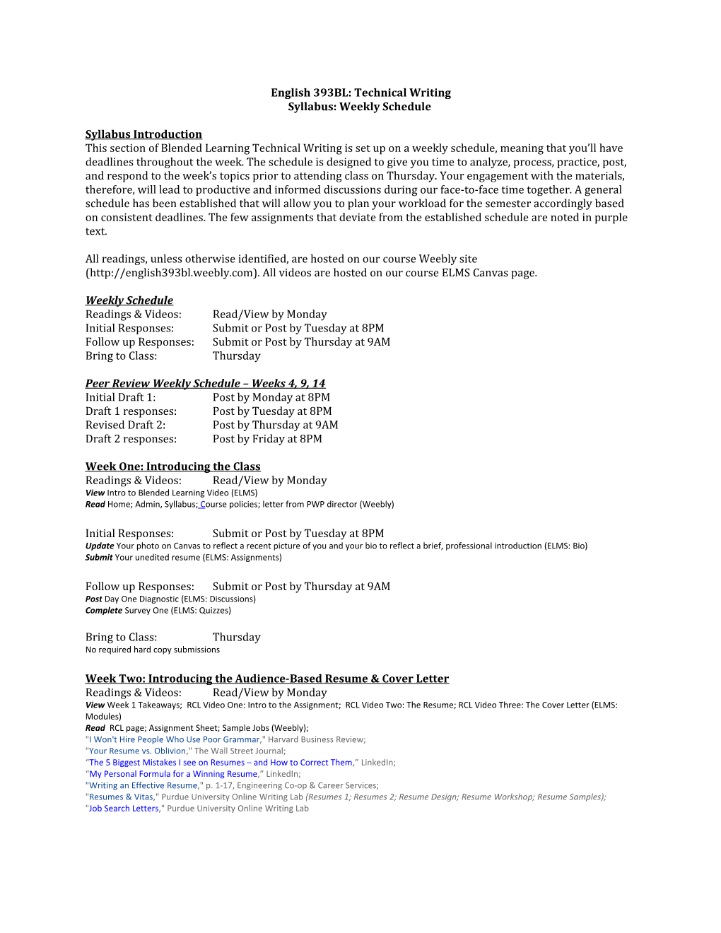 English 393BL: Technical Writing Syllabus: Weekly Schedule