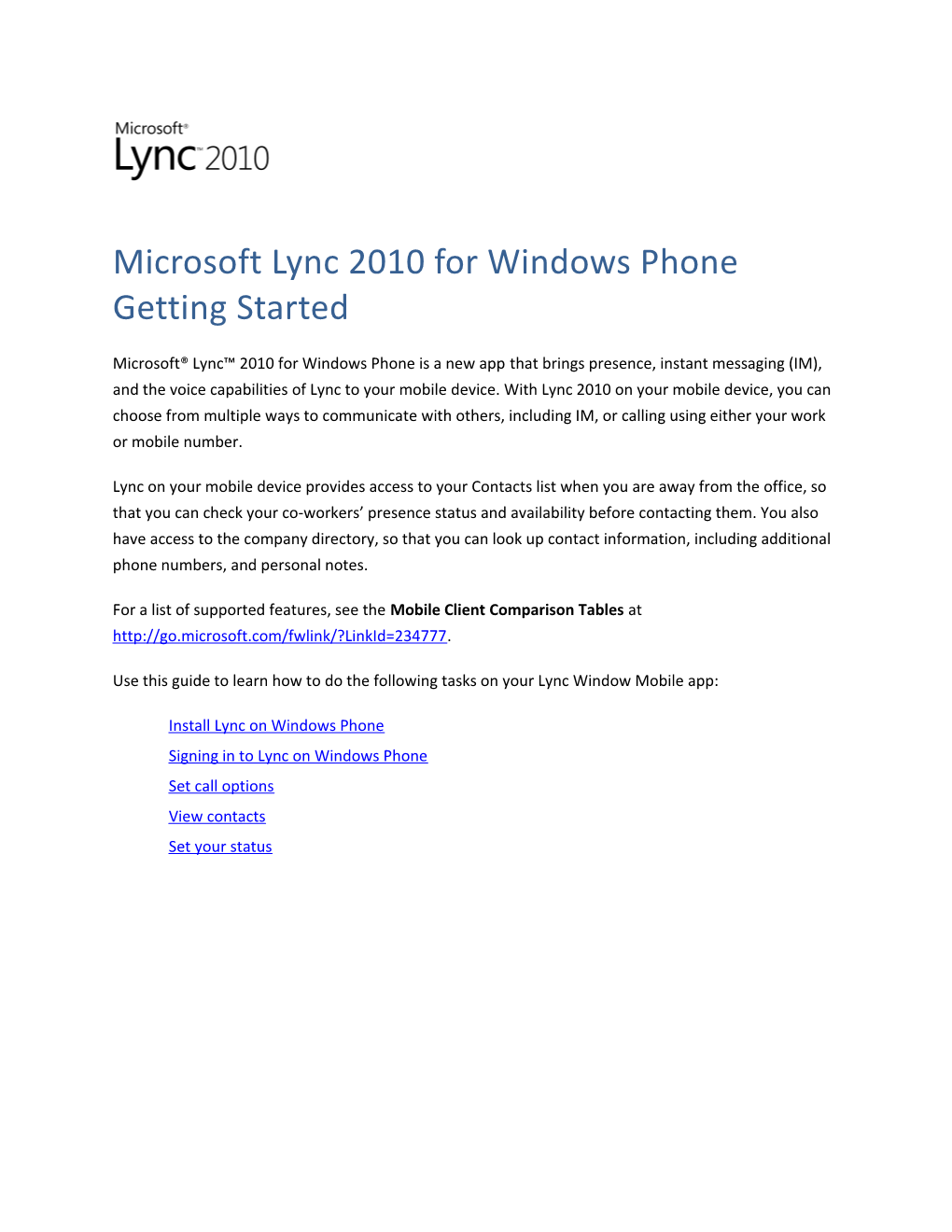 Microsoft Lync 2010 for Windows Phone Getting Started