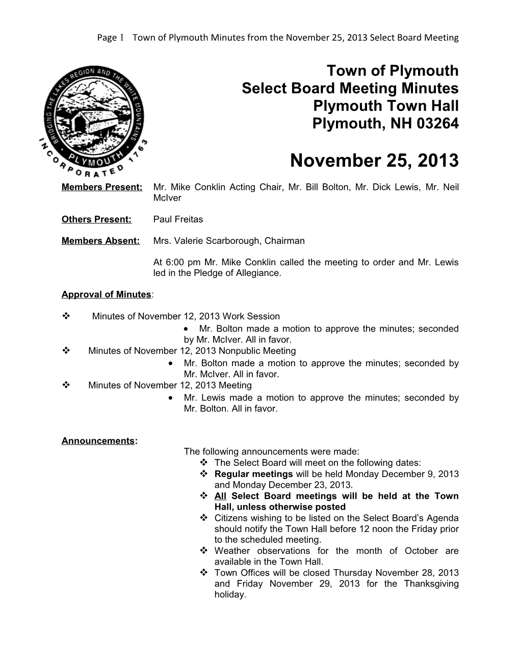 Town of Plymouth Minutes from the September 24, 2012 Select Board Meeting