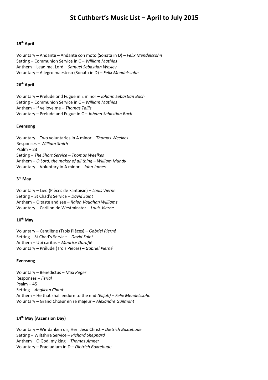 St Cuthbert S Music List April to July 2015