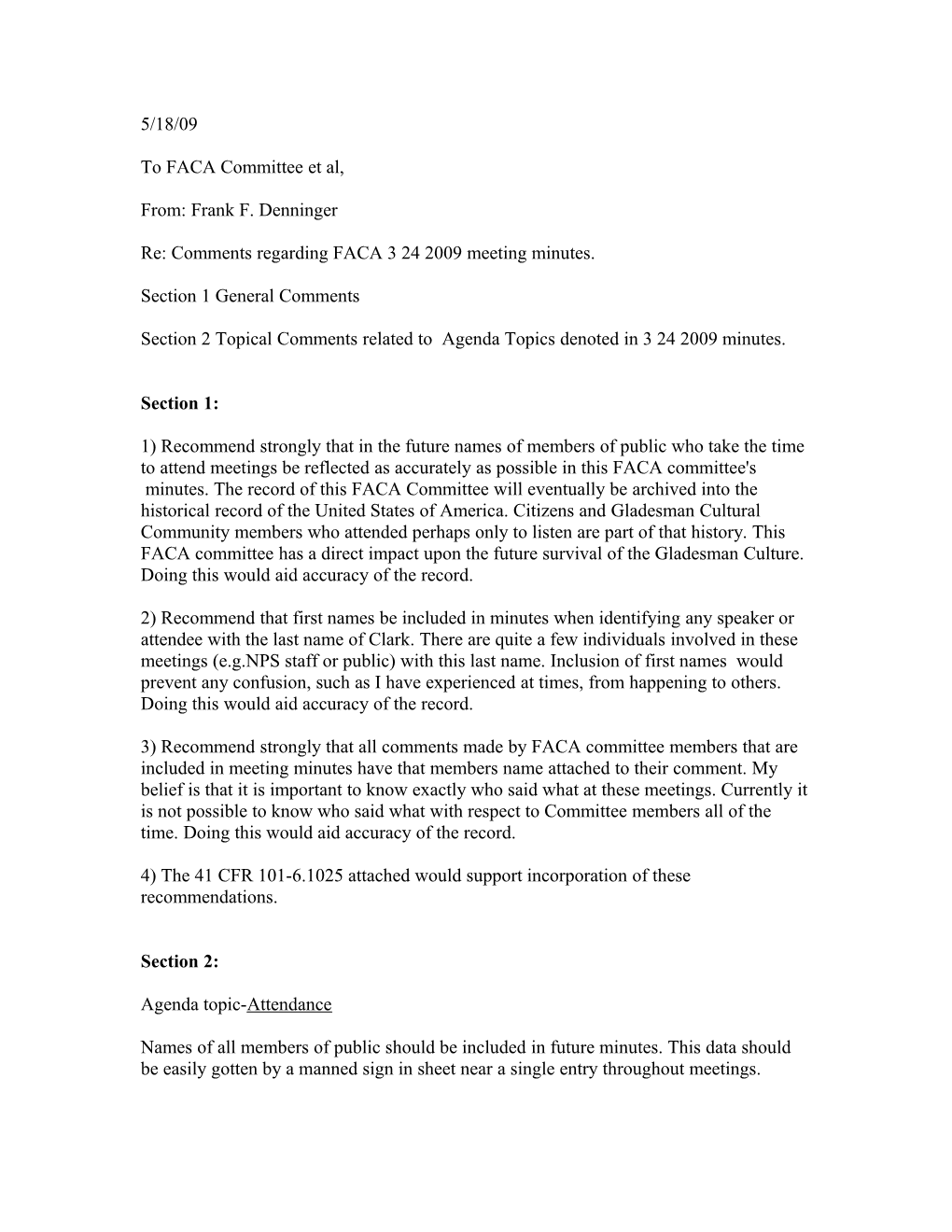 Re: Comments Regarding FACA 3 24 2009Meeting Minutes