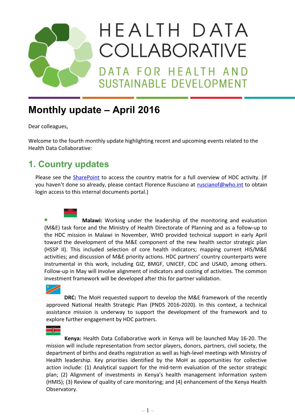 Health Data Collaborative Monthly Update April 2016