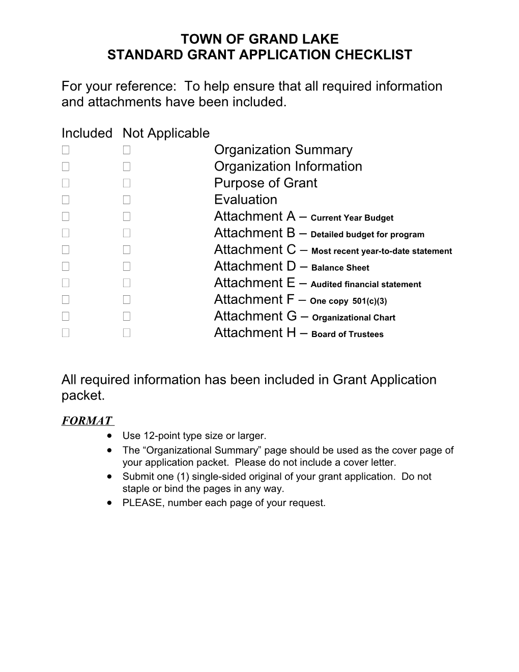 Standard Grant Application Checklist