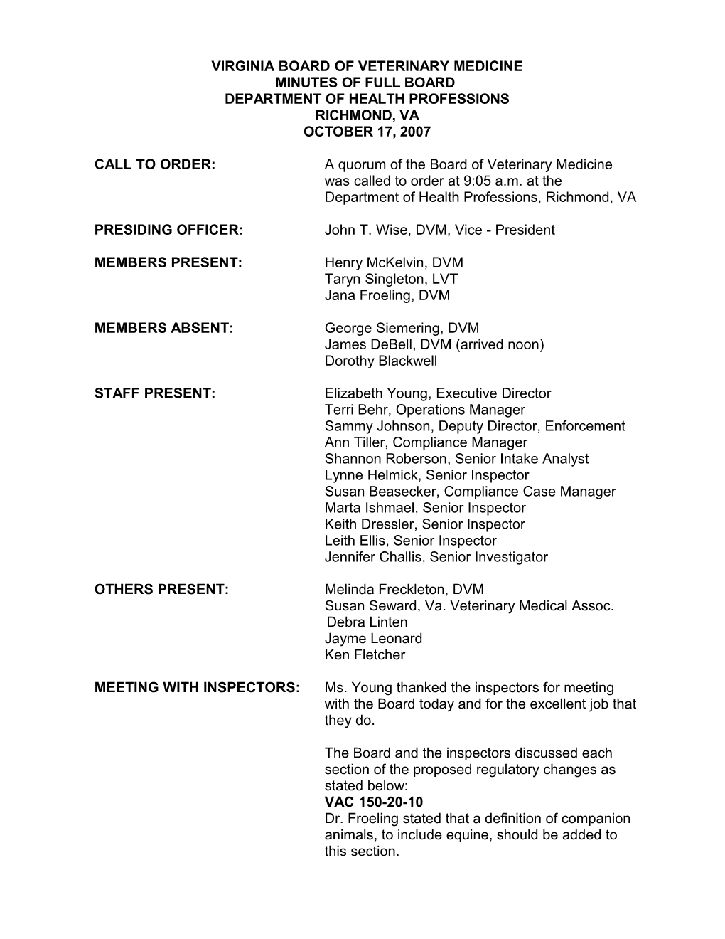 Board of Veterinary Medicine - October 17, 2007 Minutes