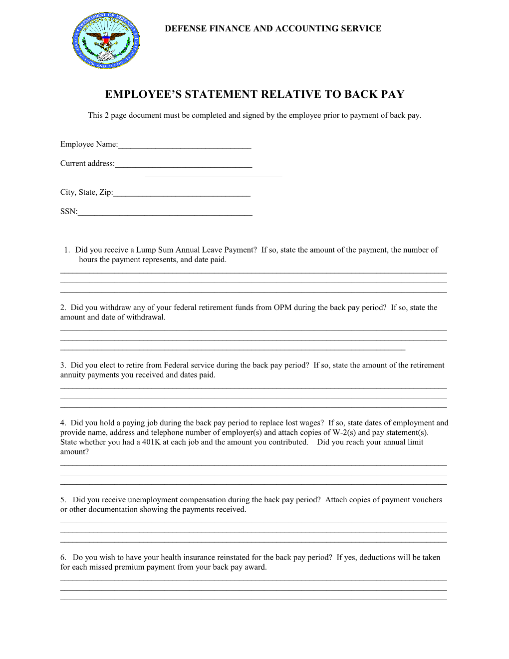 Employee S Statement Relative to Back Pay