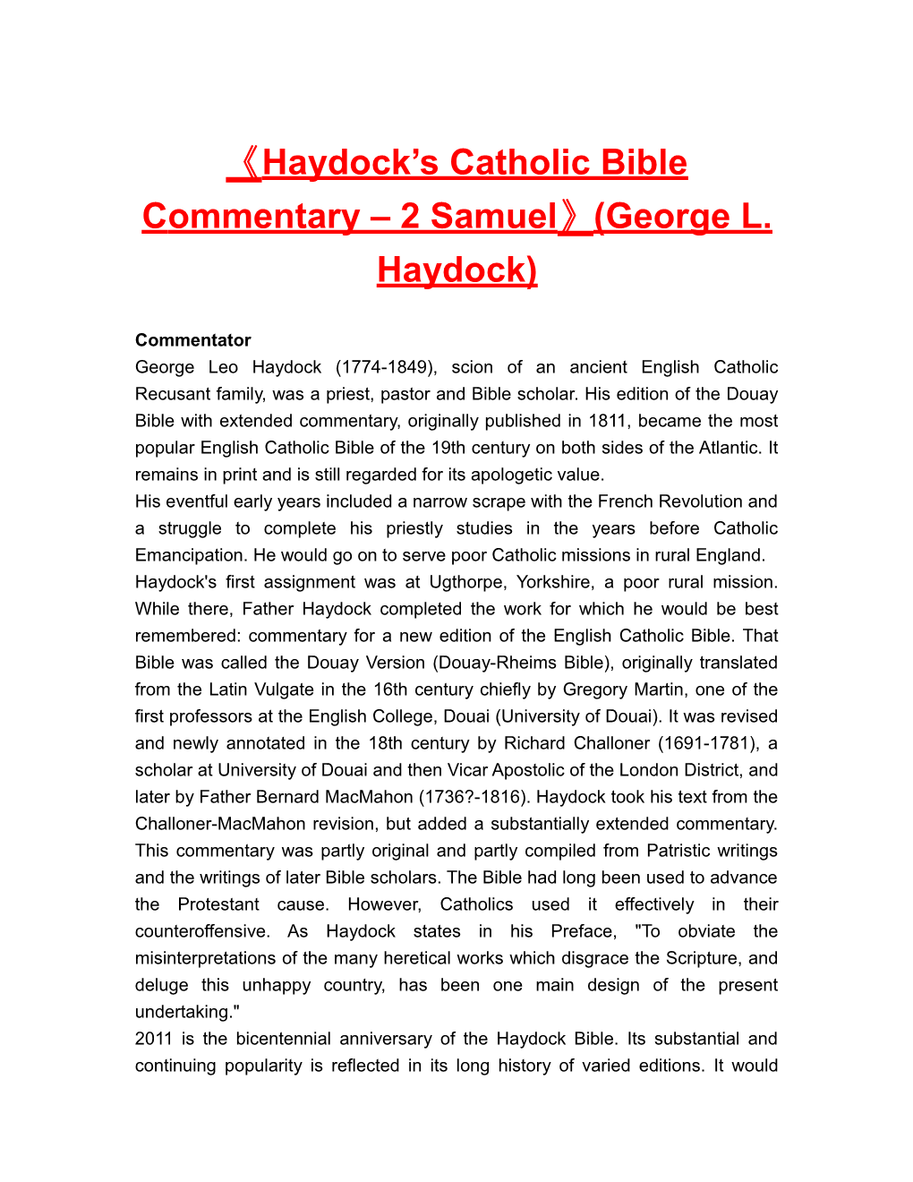 Haydock Scatholic Bible Commentary 2 Samuel (George L. Haydock)