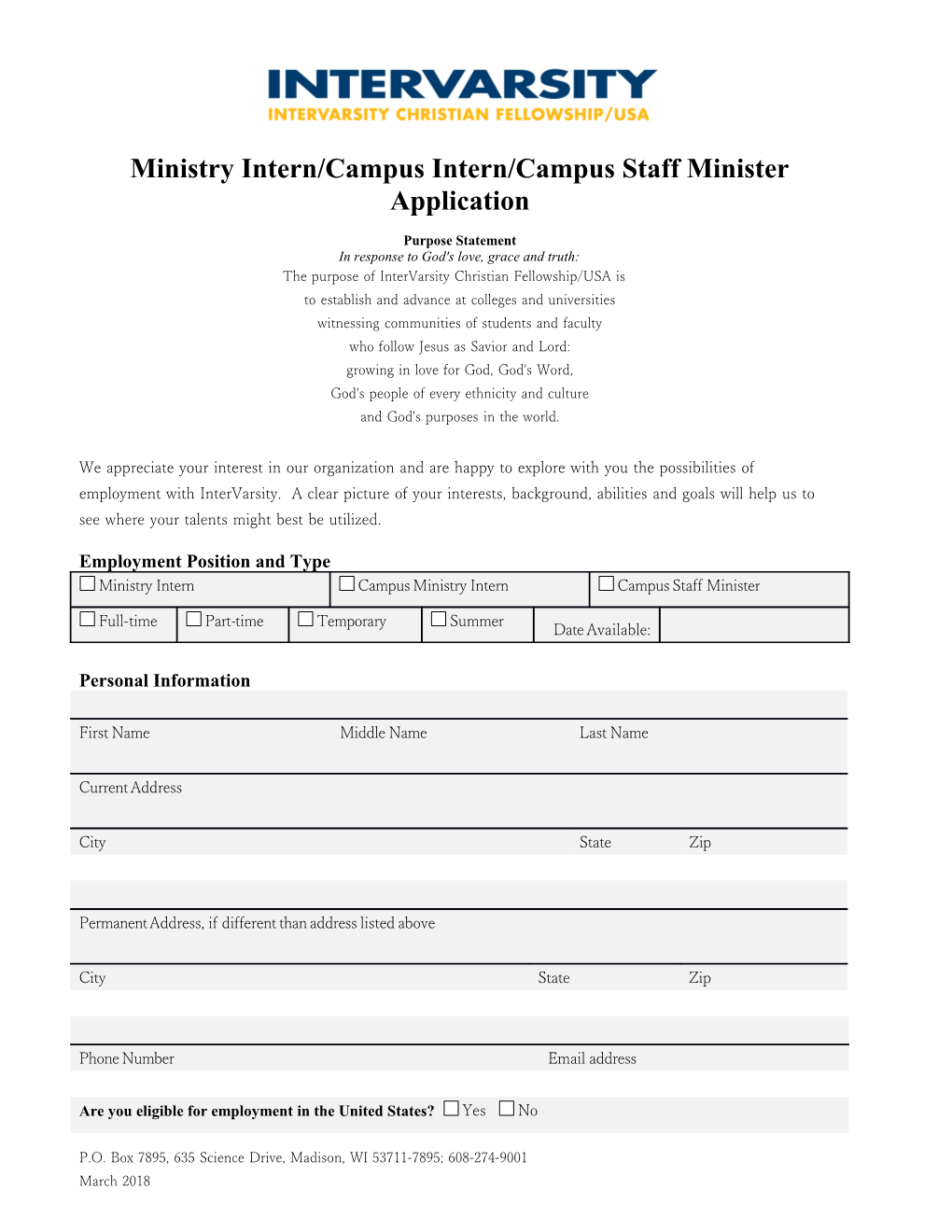 Ministry Intern/Campus Intern/Campus Staff Minister Application