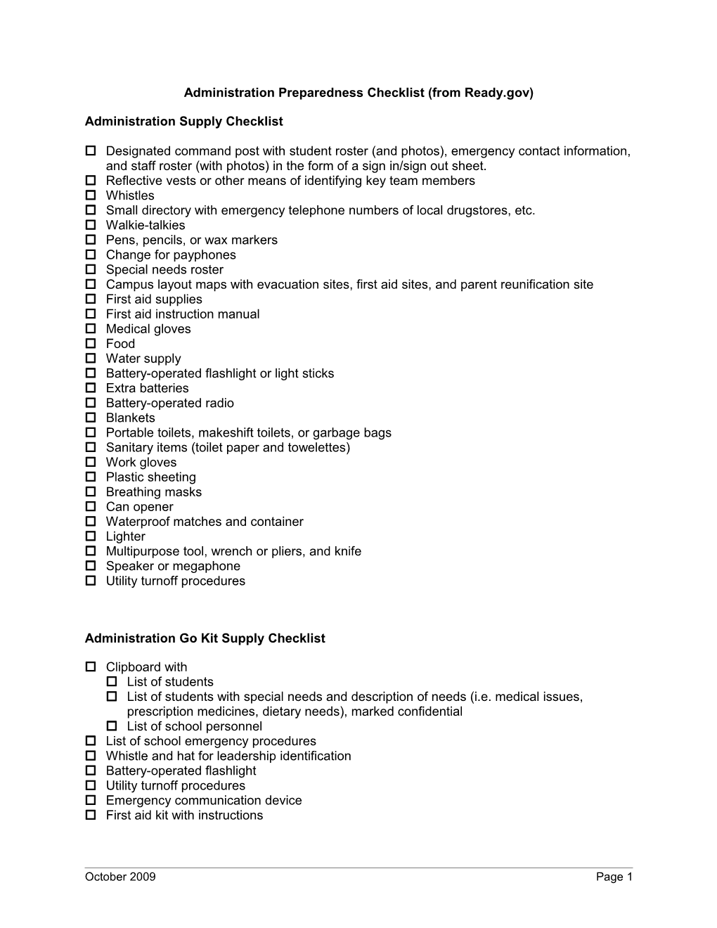 Administration Preparedness Checklist (From Ready.Gov)