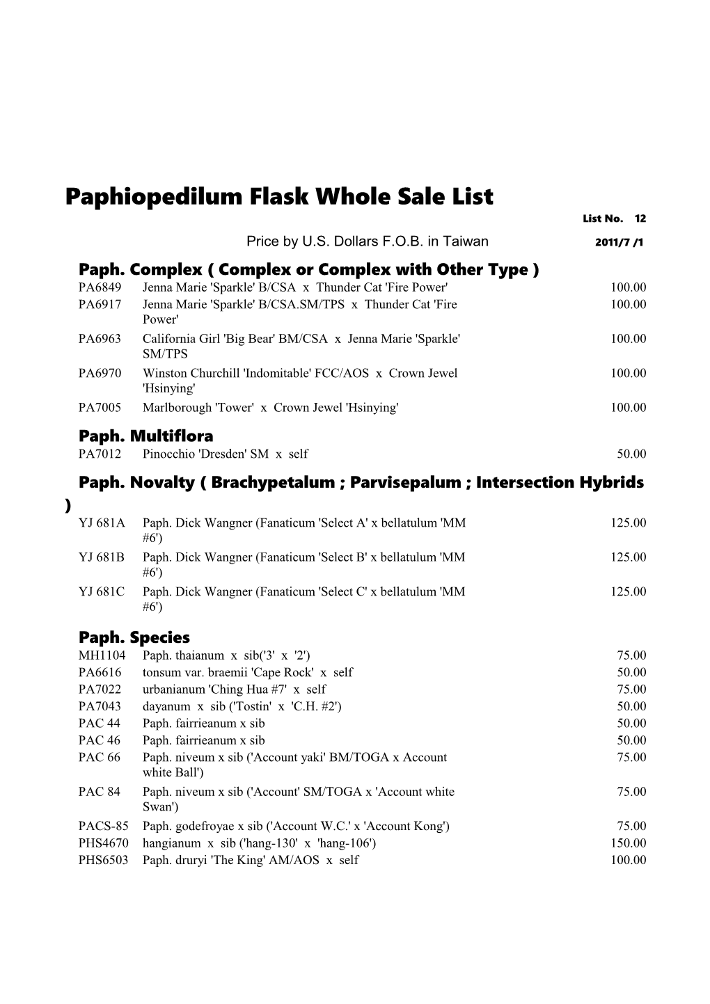 Paphiopedilum Flask Whole Sale List